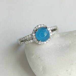 Blue Chalcedony CZ Halo ring sterling silver size 8